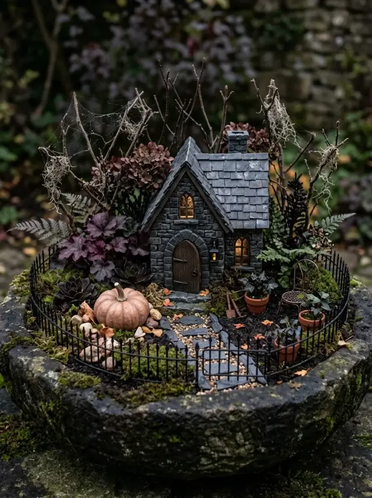 A gothic miniature garden featuring an arched cottage, charcoal stones, burgundy foliage, and a black fence.