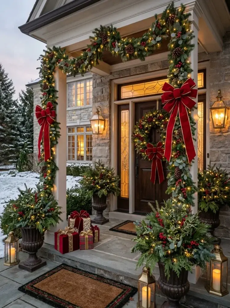 A grand Christmas entrance featuring oversized red velvet bows, evergreen garlands, festive planters, and glowing lanterns.
