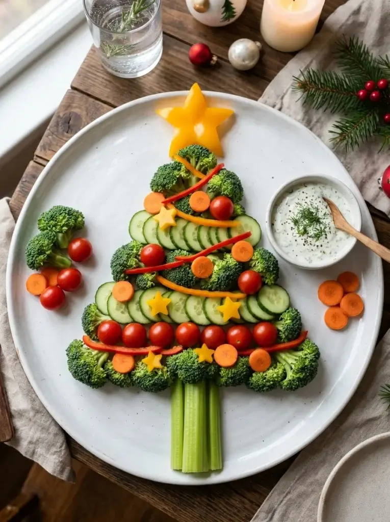 A green Christmas tree vegetable platter topped with a large yellow pepper star and decorated with red tomatoes and carrot ornaments.