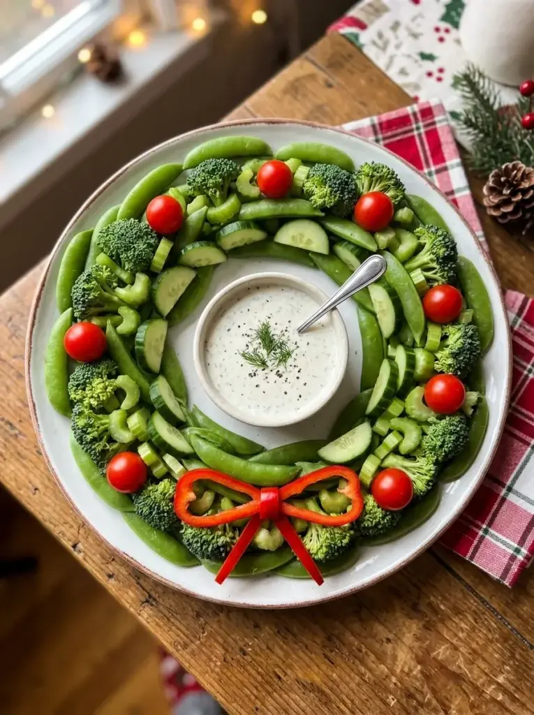 A green Christmas vegetable wreath made from snap peas, broccoli, cucumber, and celery, decorated with red tomatoes and a pepper bow.