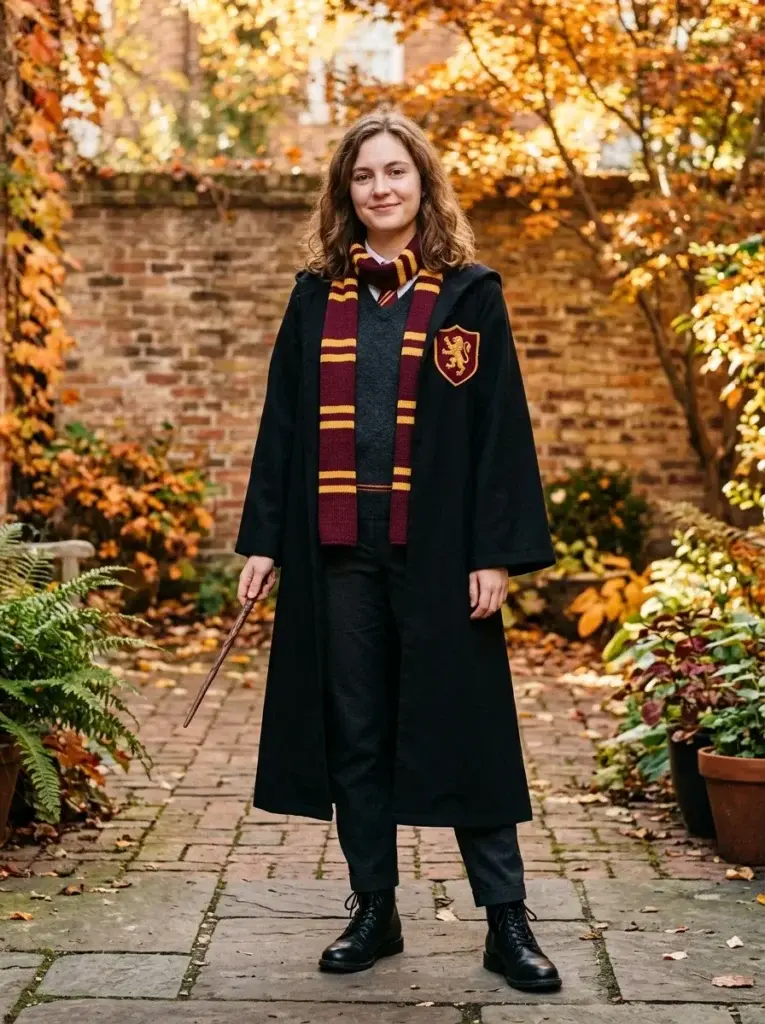 A Gryffindor-inspired costume featuring a black robe, burgundy-and-gold scarf, gray sweater, dark trousers, and a handmade badge.