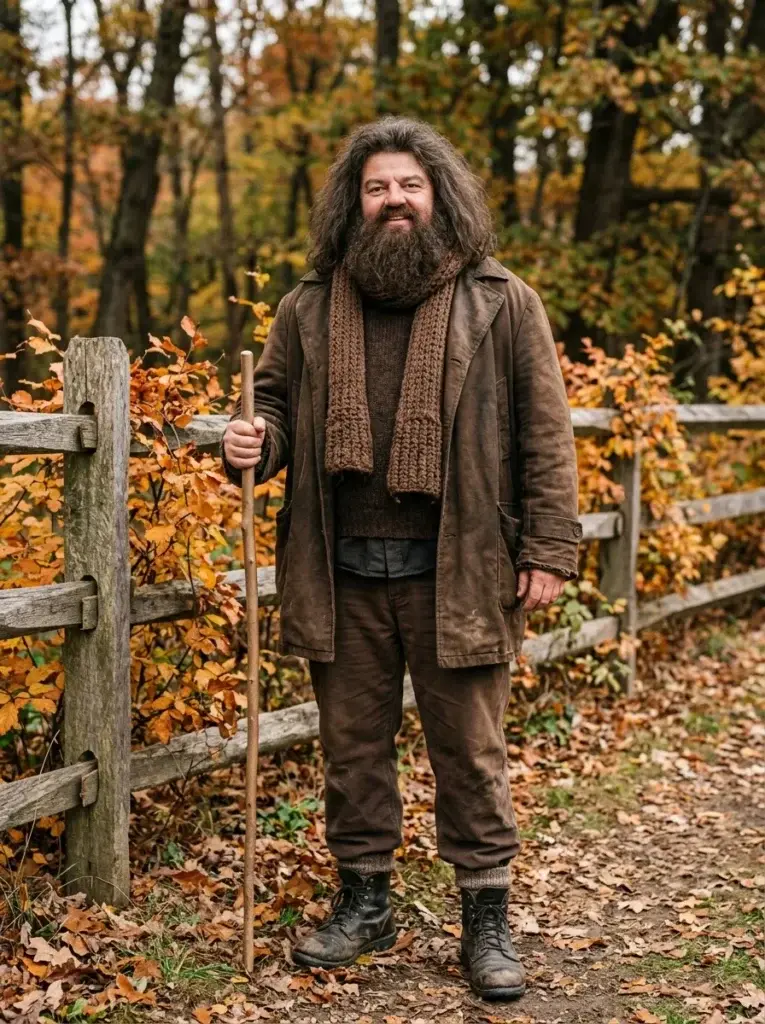 A Hagrid-inspired costume featuring a long brown coat, rustic shirt, full beard, sturdy boots, and a walking-stick prop.