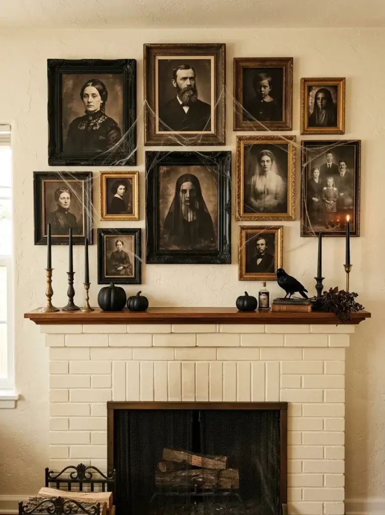 A Halloween fireplace featuring an intriguing gallery of vintage portraits, black pumpkins, antique frames, and slender candleholders.