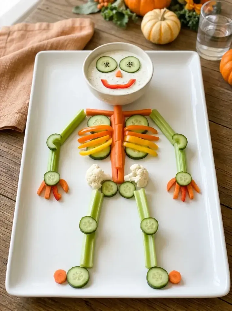 A Halloween vegetable skeleton platter made with cucumber rounds, carrot sticks, celery, bell peppers, and cauliflower.