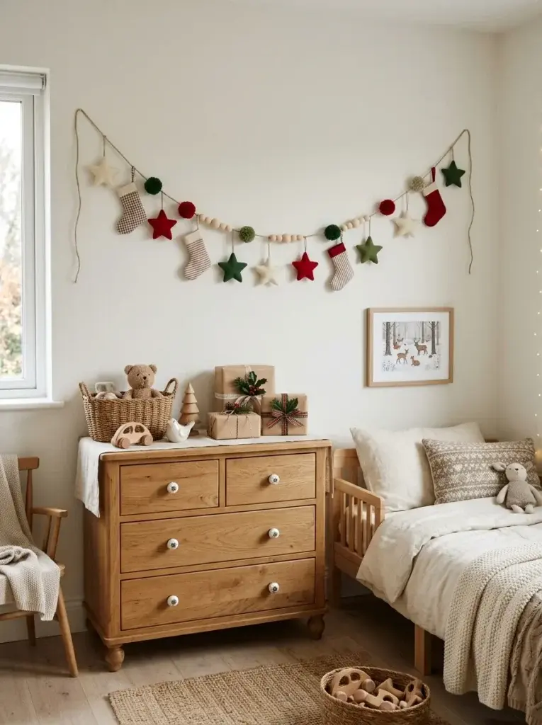 A handmade Christmas garland featuring felt stars, tiny fabric stockings, colorful pom-poms, and wooden beads in a cozy child’s bedroom.