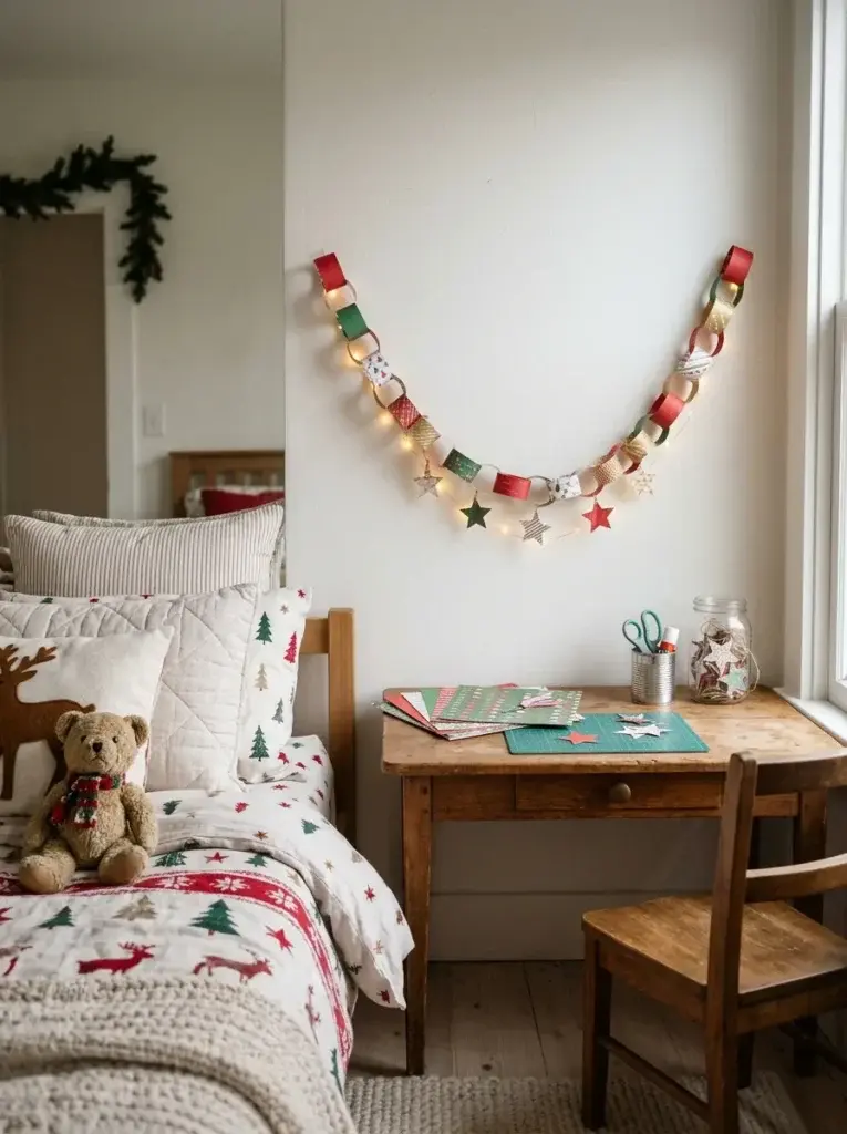 A handmade Christmas paper chain in red, green, white, and gold decorating a creative child’s bedroom with festive bedding.