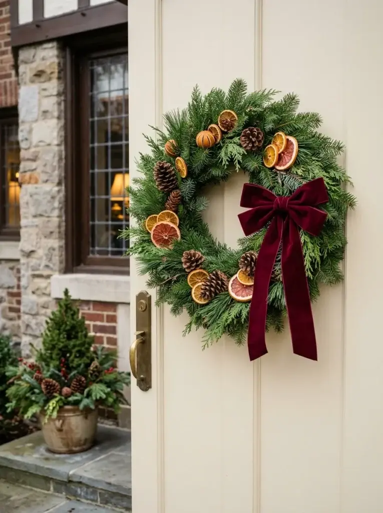 A handmade Christmas wreath featuring evergreen branches, pinecones, dried orange slices, and a burgundy velvet bow on an ivory door.