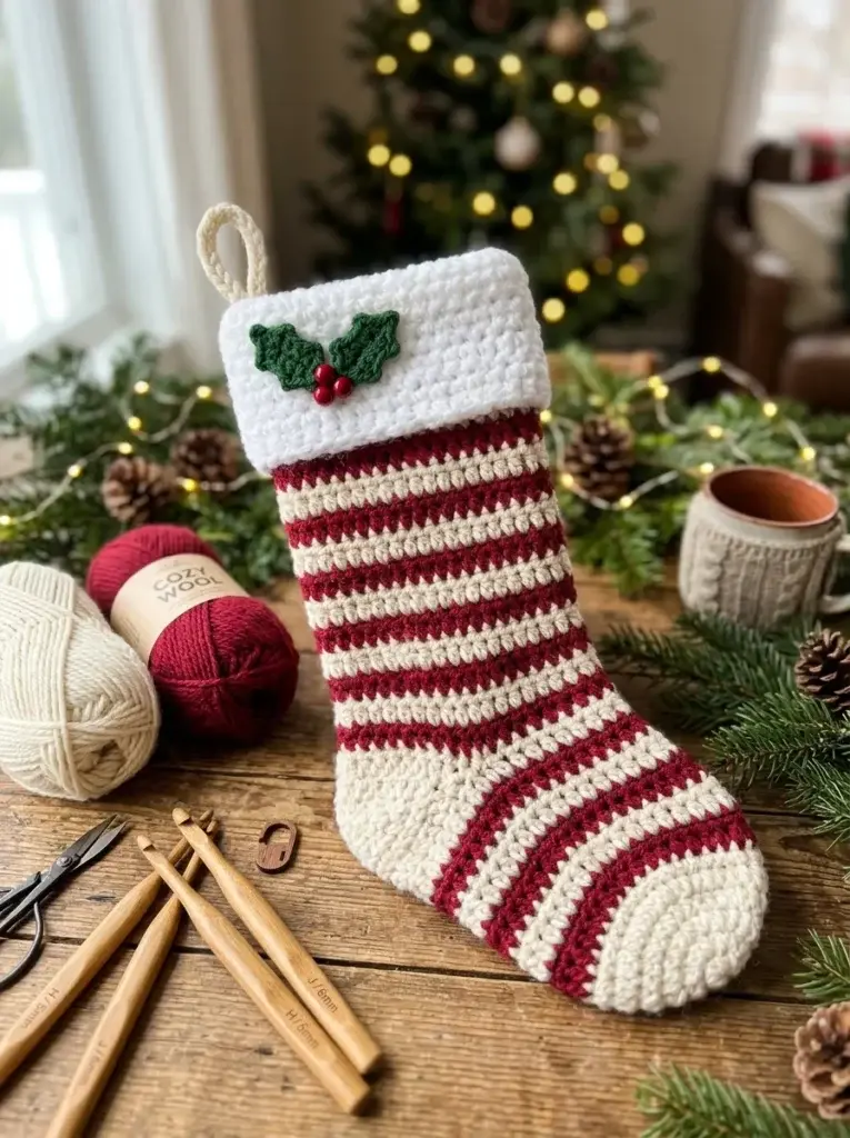 A handmade crochet Christmas stocking with cream and cranberry stripes, a white cuff, and a green holly appliqué.