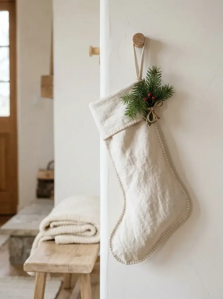 A handmade ivory linen Christmas stocking with delicate stitching and a small evergreen accent.