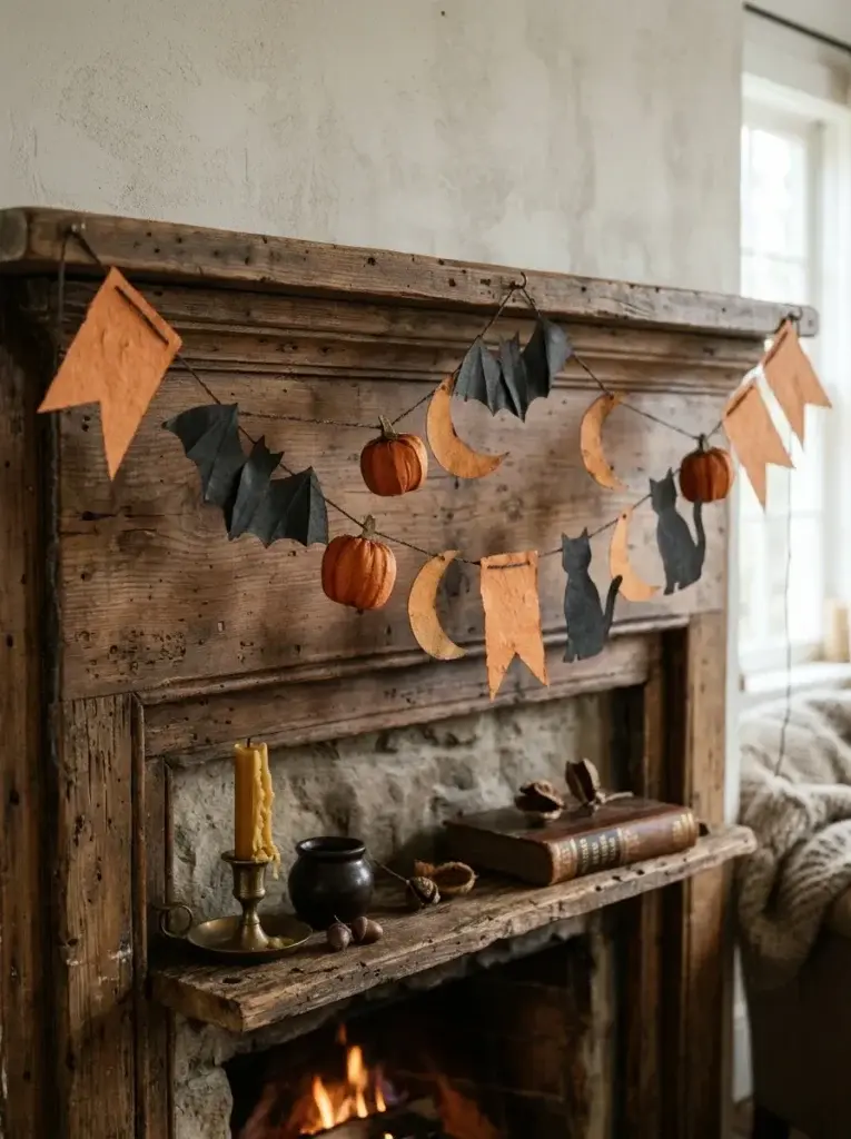 A handmade orange-and-black Halloween garland decorated with traditional bats, pumpkins, and black cat silhouettes.