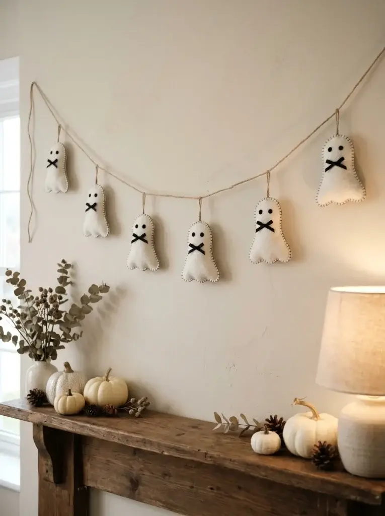 A handmade white felt ghost garland with tiny bows hanging above a cozy autumn mantel.