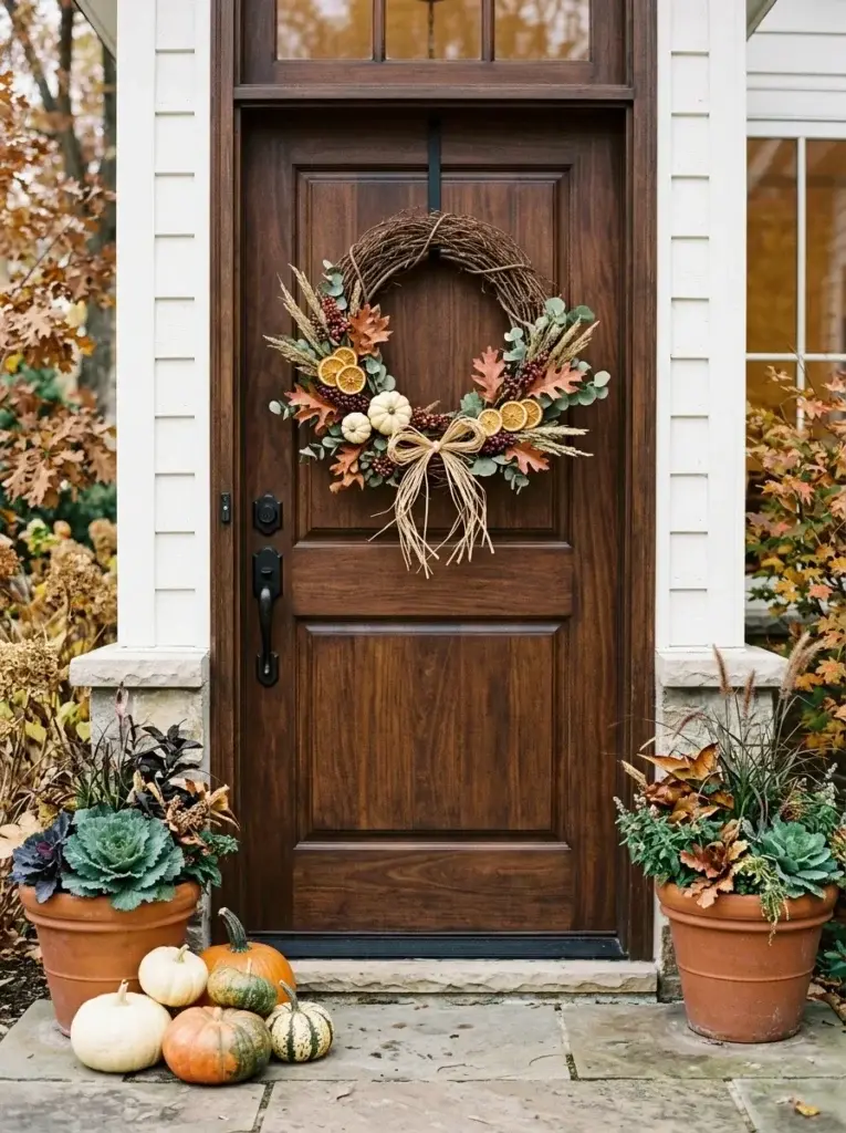 A harvest wreath with dried citrus, pumpkins, berries, and autumn leaves on a welcoming wooden front door.