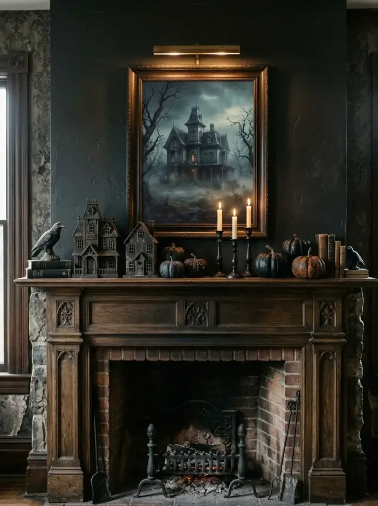 A haunted-house-themed mantel with gothic mansion artwork, miniature architectural models, dark pumpkins, and antique candleholders.