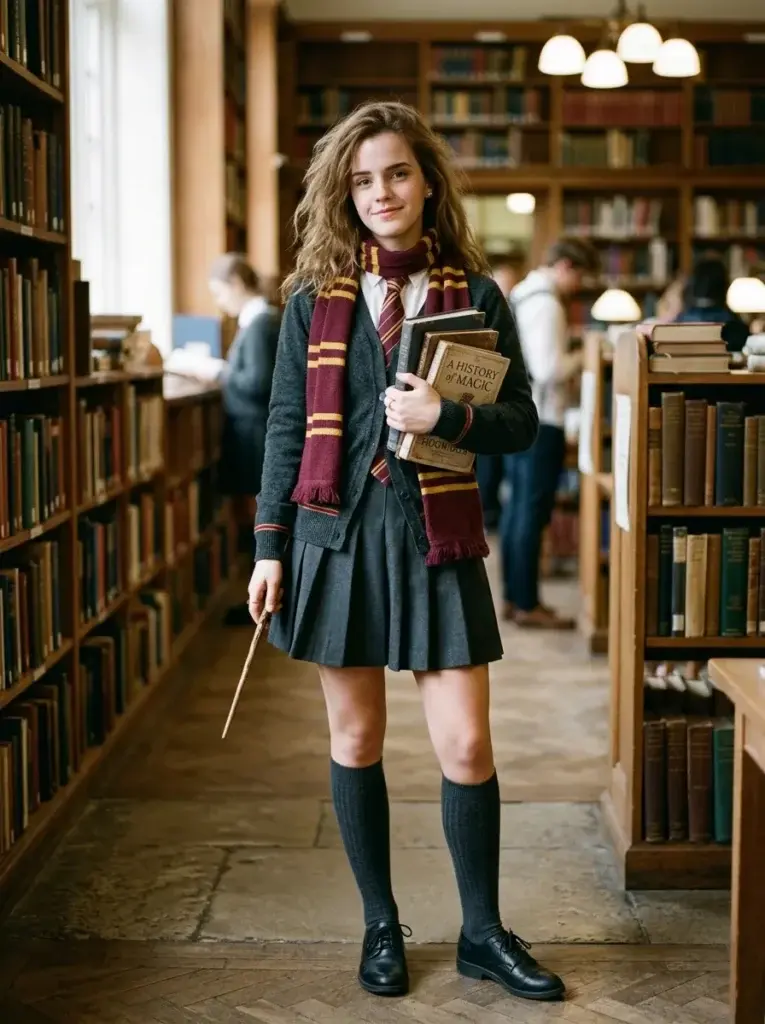 A Hermione-inspired costume featuring a white blouse, gray cardigan, pleated skirt, striped scarf, books, and a wand.