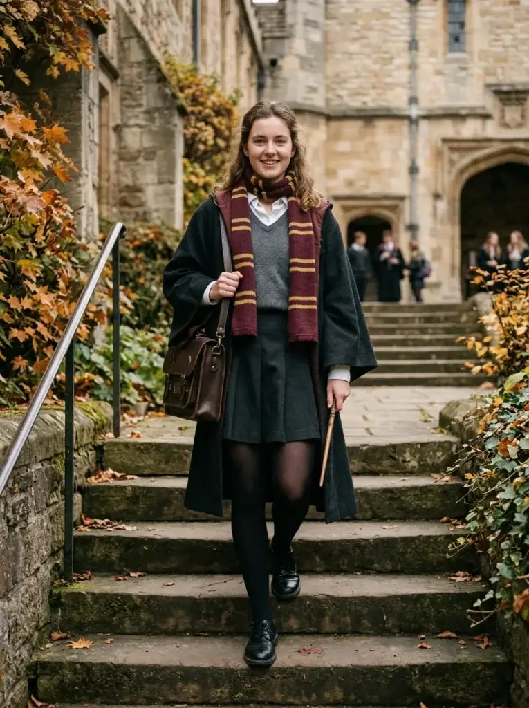 A Hogwarts-inspired student wearing a black robe, gray sweater, striped scarf, dark skirt, and vintage school satchel.