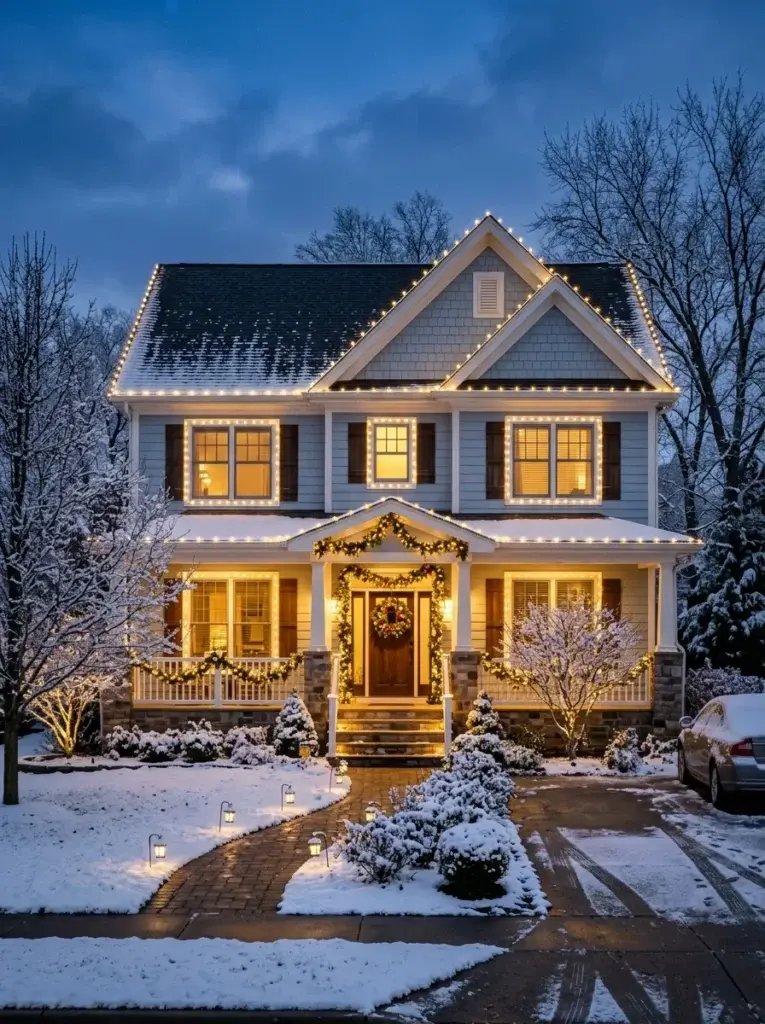 A home exterior illuminated by warm white Christmas lights outlining the roofline, windows, and porch.