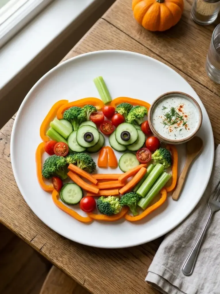 A jack-o'-lantern vegetable platter featuring orange peppers, carrot sticks, cucumber rounds, broccoli, cherry tomatoes, black olives, and ranch dip.