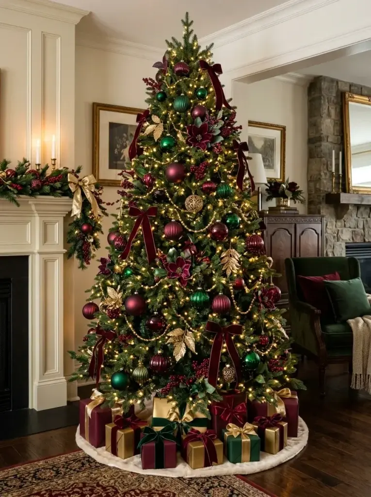 A jewel-toned Christmas tree combining burgundy velvet bows, emerald ornaments, gold accents, and deep green foliage.