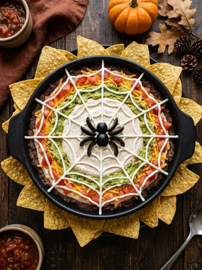 A layered taco dip decorated with an edible sour cream spiderweb and black olive spider, surrounded by crisp tortilla chips.