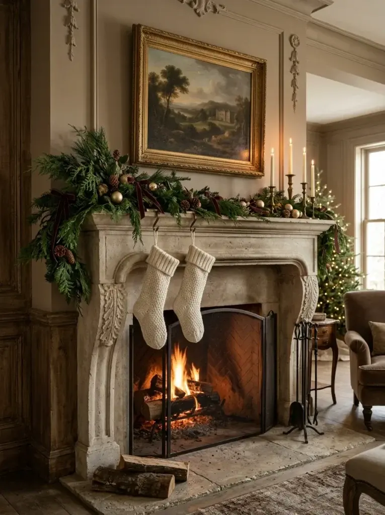 A limestone fireplace decorated with cedar garlands, burgundy ribbons, brass candlesticks, cream stockings, and a vintage landscape painting.