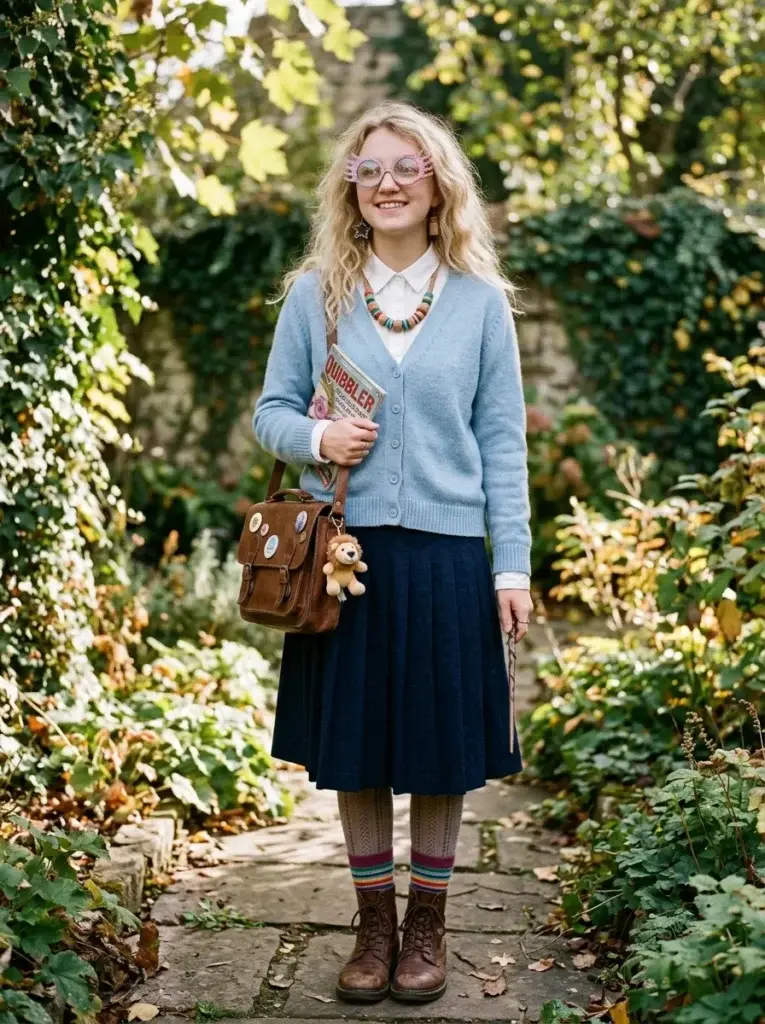 A Luna-inspired costume featuring a blue cardigan, quirky glasses, colorful jewelry, patterned socks, and a vintage bag.