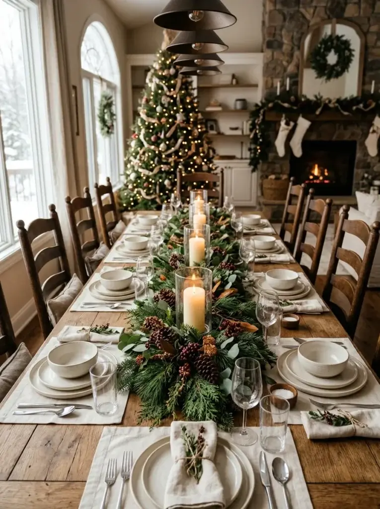 A lush evergreen Christmas centerpiece with cedar branches, pinecones, ivory candles, and neutral festive tableware.