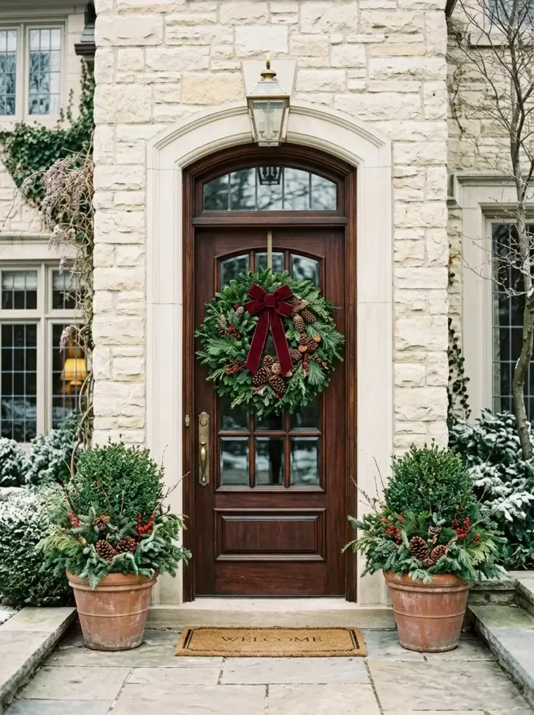 A lush evergreen Christmas wreath with a burgundy velvet bow hangs on a dark mahogany door framed by cream stonework and evergreen planters.