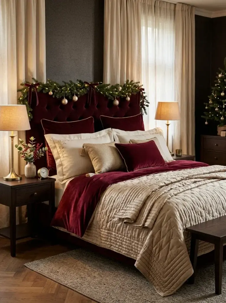 A luxurious Christmas bedroom featuring burgundy velvet bedding, champagne cushions, and elegant gold accents.