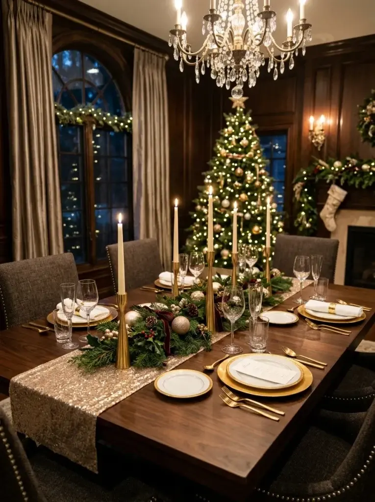 A luxurious Christmas tablescape with gold accents, crystal glasses, evergreen branches, and elegant ivory candles.