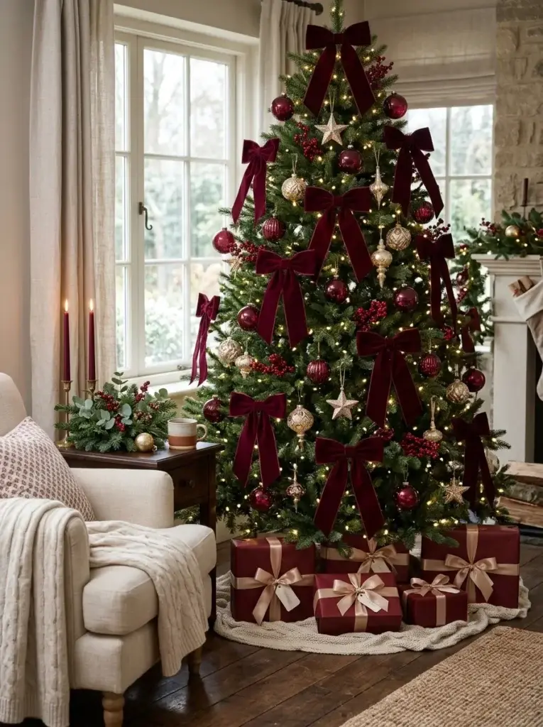 A luxurious Christmas tree featuring burgundy velvet bows, wine-red baubles, champagne ornaments, and coordinated holiday presents.