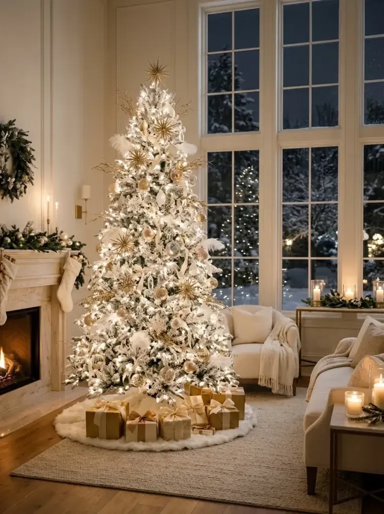 A luxurious white Christmas tree with gold starbursts, champagne ornaments, crystal accents, and warm lights in an elegant winter-inspired living room.
