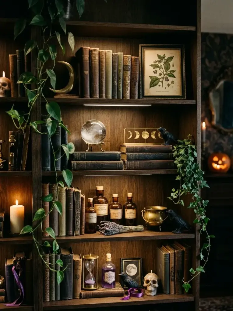 A magical witchy bookshelf featuring vintage-style books, brass moon ornaments, botanical prints, amber bottles, decorative crystals, and trailing greenery.