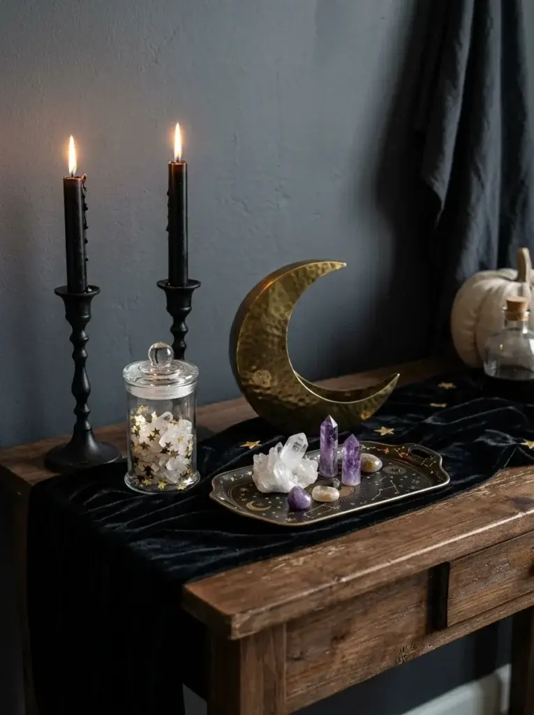 A magical witchy display featuring decorative crystals, purple stones, a brass crescent moon, black candles, and gold celestial accents.