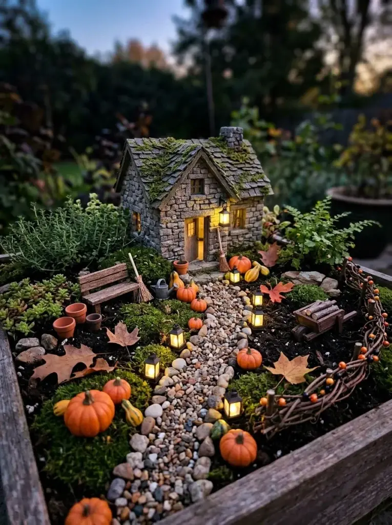 A miniature Halloween cottage garden illuminated by warm LED lanterns along a winding pebble path.