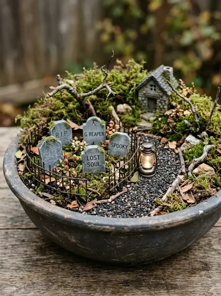 A miniature Halloween graveyard with gray tombstones, dark gravel, moss, and a tiny lantern.