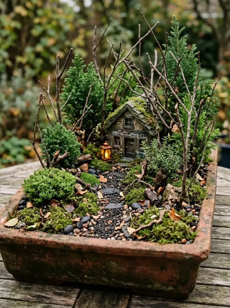 A miniature haunted woodland with a hidden cottage, bare branches, evergreen plants, moss, and an amber lantern.