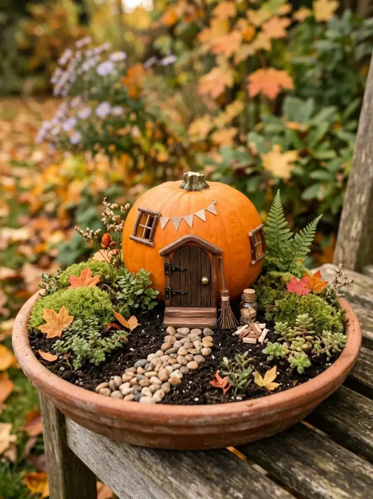 A miniature orange pumpkin house with a wooden door, moss, tiny plants, and a curved stone pathway.
