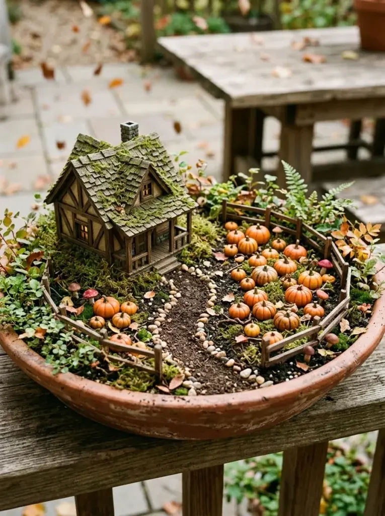 A miniature pumpkin patch with a tiny cottage, orange pumpkins, mushrooms, moss, and a twig fence.