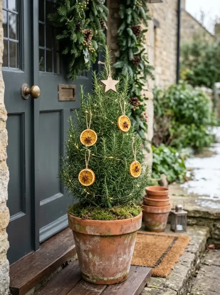 A miniature rosemary tree in a terracotta pot decorated with dried orange slices and warm-white fairy lights.