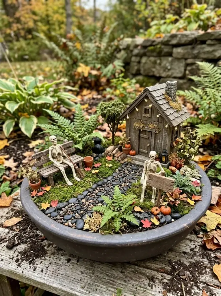 A miniature skeleton garden with ivory skeleton figures, a tiny cottage, a bench, moss, and dark stones.