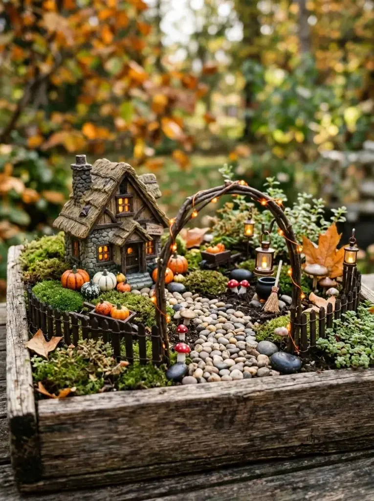 A miniature witch's garden featuring mossy mounds, tiny mushrooms, miniature houses, twig arches, lanterns, and a winding pebble path.
