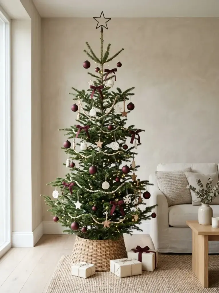 A minimalist burgundy and ivory Christmas tree with simple matte baubles, understated ribbon bows, and warm fairy lights.