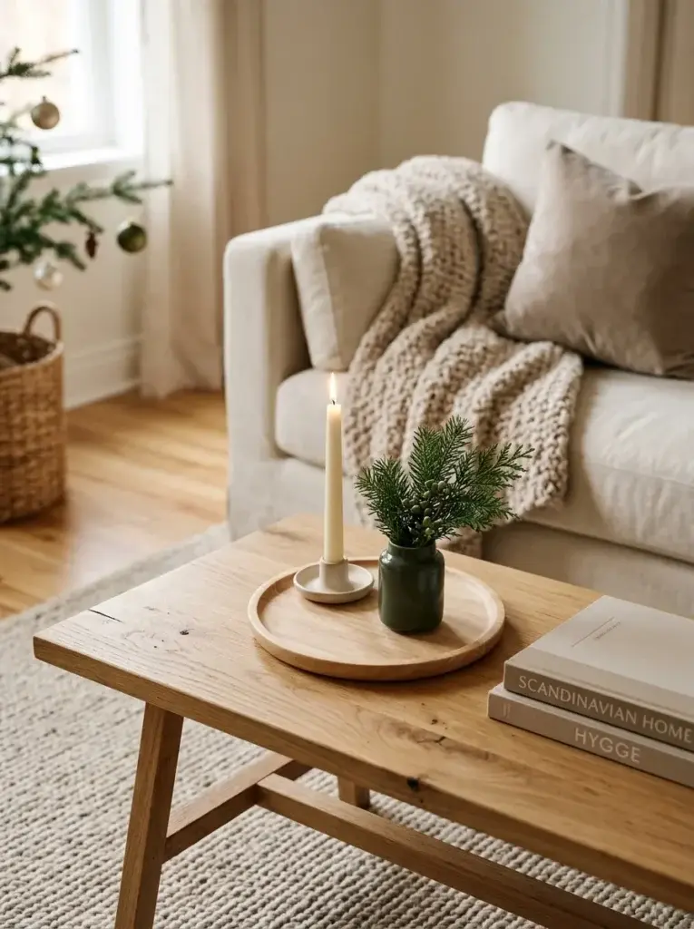 A minimalist Christmas coffee table styled with a wooden tray, ivory candle, and small evergreen arrangement.