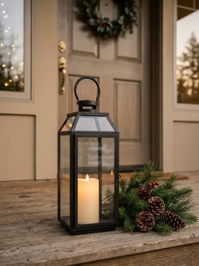 A minimalist Christmas lantern with a warm glowing candle, evergreen branches, and natural pinecones.