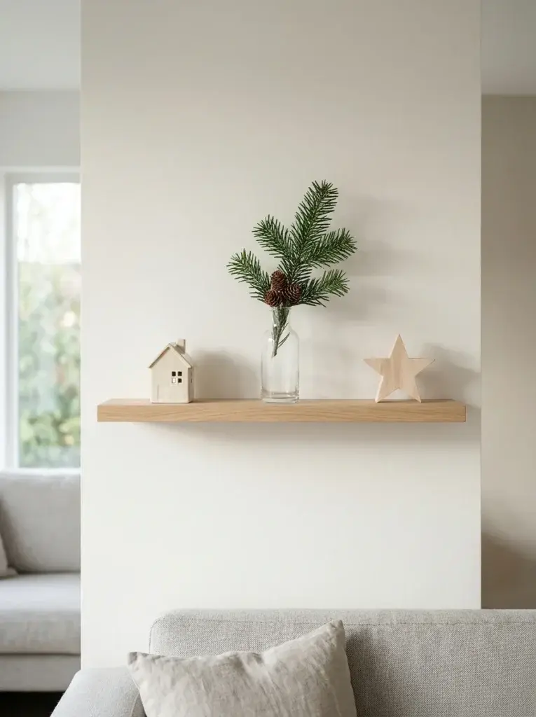 A minimalist Christmas shelf with an ivory ceramic house, an evergreen branch, and a wooden star.