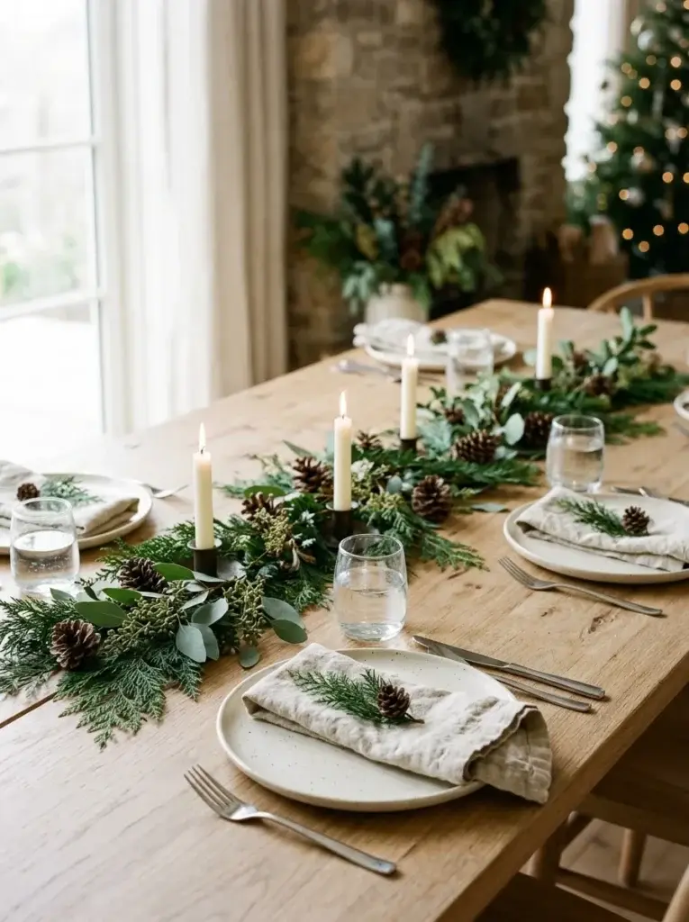 A minimalist Christmas table centerpiece made with cedar branches, ivory candles, pinecones, and neutral linens.