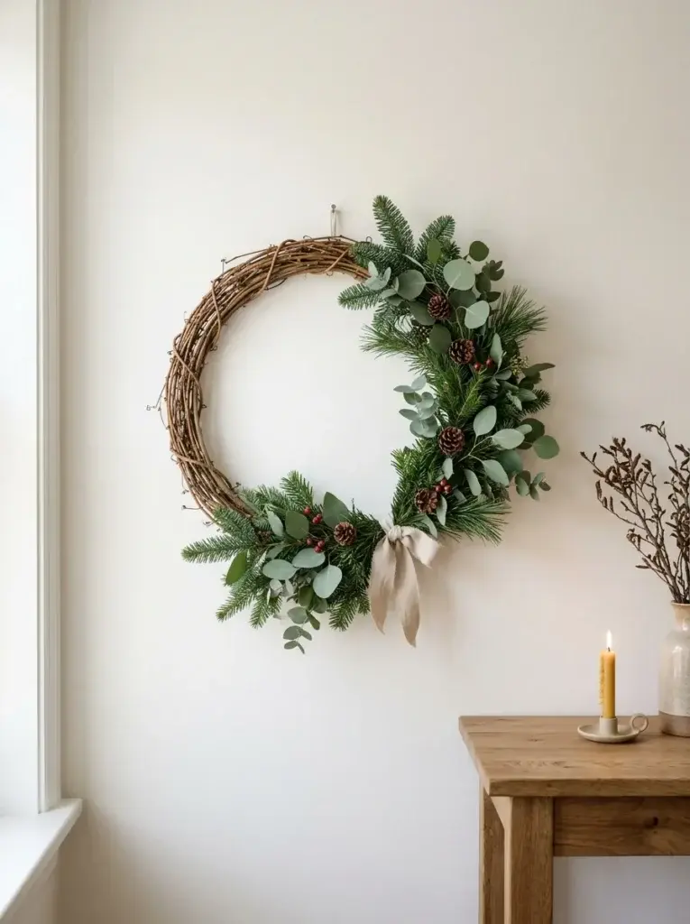 A minimalist evergreen Christmas wreath with eucalyptus and a soft linen ribbon against a warm white wall.