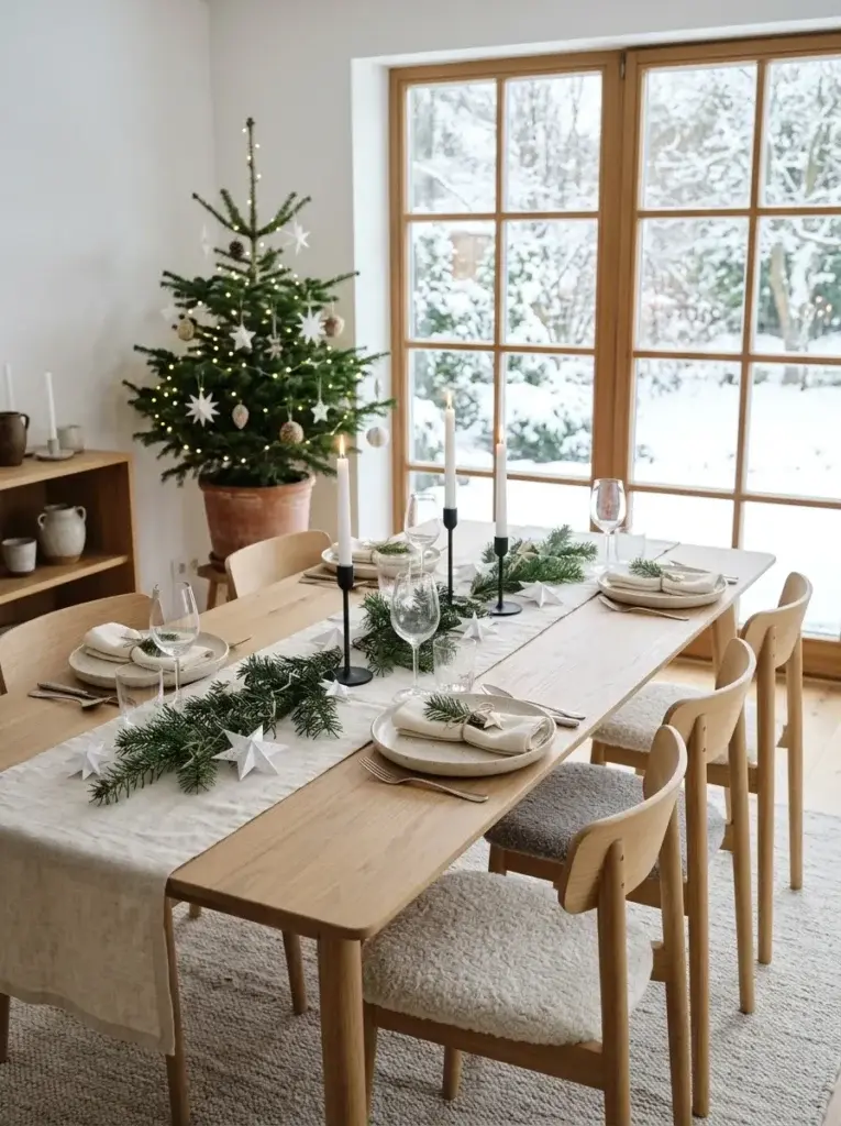 A minimalist Scandinavian Christmas dining table with pale wood, white candles, simple ceramics, and evergreen branches.