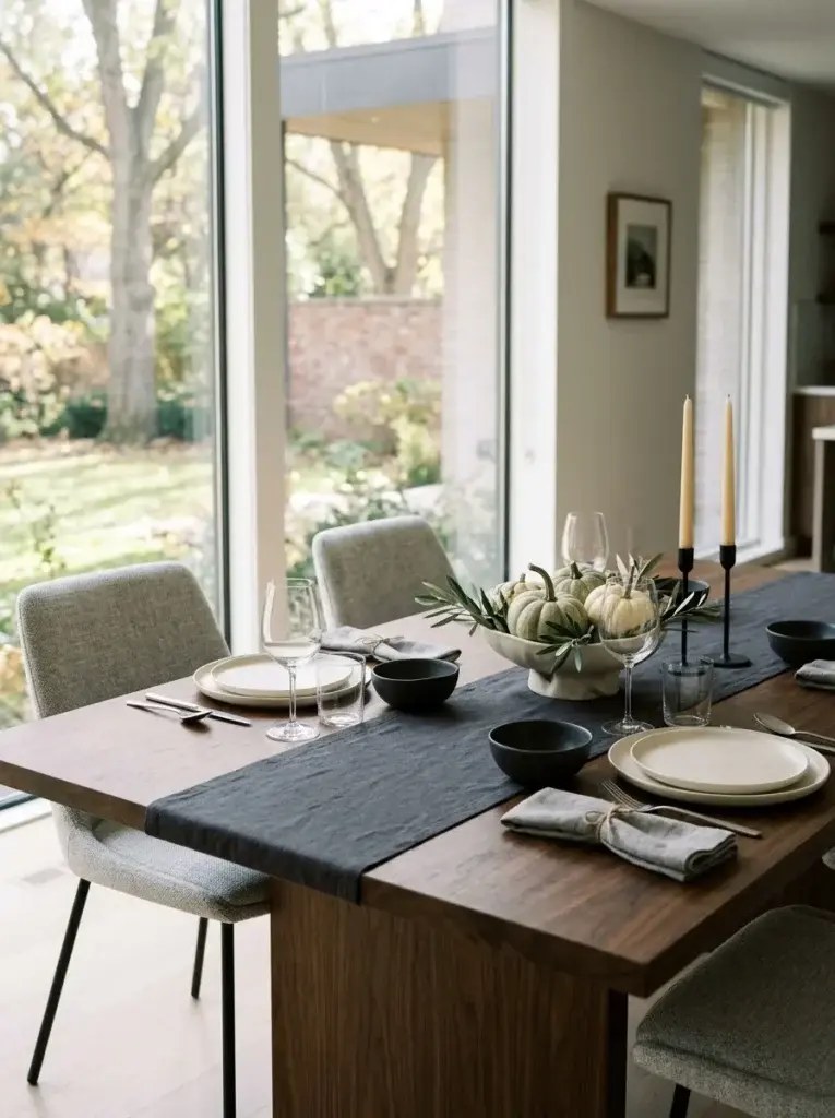 A minimalist Thanksgiving table with dark walnut, ivory dinnerware, gray linen, sculptural ceramics, and a simple pumpkin centerpiece.