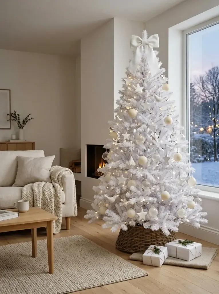 A minimalist white Christmas tree with ivory ornaments, ceramic stars, subtle fairy lights, and understated Scandinavian furniture.
